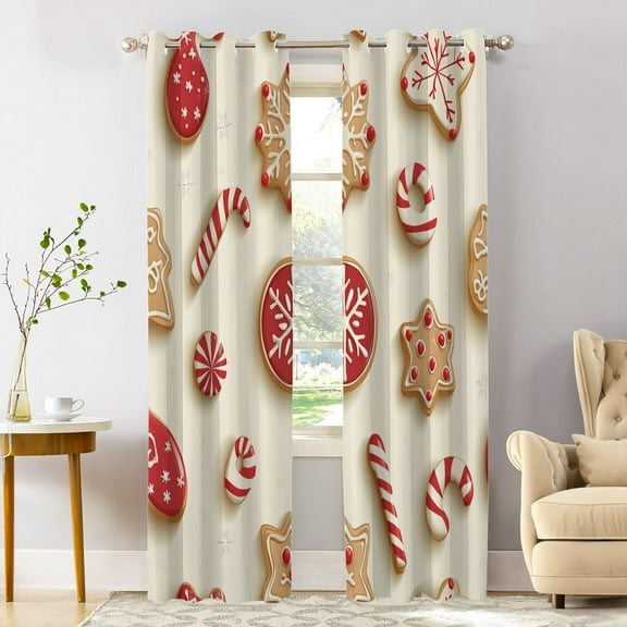 Christmas Baking Blackout Window Curtains, Geometric Cookies Candy Snowflake Beige Thermal Insulated Curtains Grommet Top Window Drapes for Living Room, Bedroom 53"W x 96"L (Pack of 2)