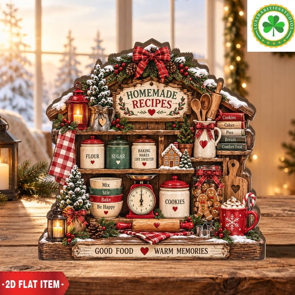 Christmas Baking Decor, Rustic Kitchen Tabletop Decoration, Homemade Recipe Freestanding Holiday Accent, 2D Print