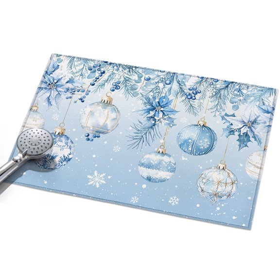 Christmas Ball Area Rug 2'x3', Winter Ombre Blue Xmas Ball Poinsettia Holly Snow Mat Non-Slip Silicone Backing Machine Washable Area Rugs for Front Door Kitchen Sink Area