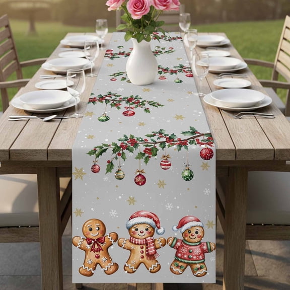 Christmas Ball Candy Cookie Table Runner 13x36in Non-Slip Cotton Linen Table Runners, Winter Berry Snow on Gray Dresser Scarves TableRunner for Dinner Kitchen Dining Wedding Party