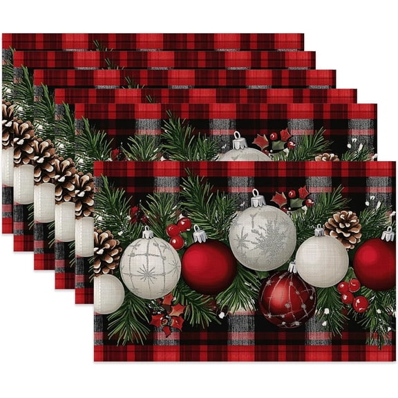 Christmas Ball Cloth Placemats,Red Checkered Heat-Resistant Table Placemats Set of 6, Washable Linen Place Mats for Dining Room Table Decor Home Restaurant Cafes Holiday Party 11.8x17.7 Inch