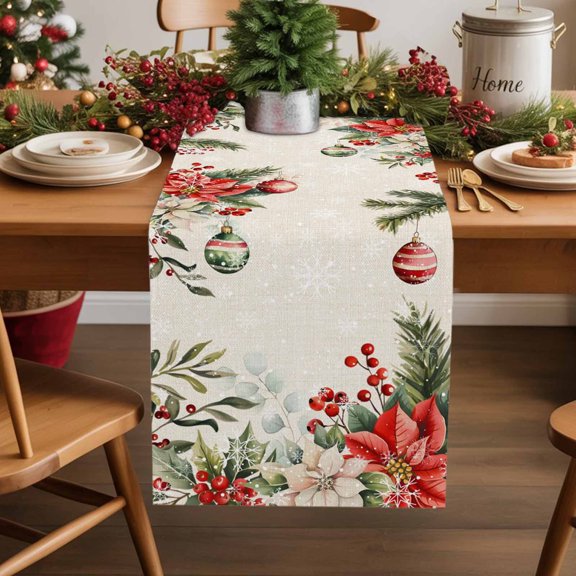 Christmas Ball Cotton Linen Table Runner Vintage Eucalyptus Leaves Winter Snowflakes Flower Dining Table Runners for Home Decor Party Dining Room Restaurant Kitchen Party 13" x 48"