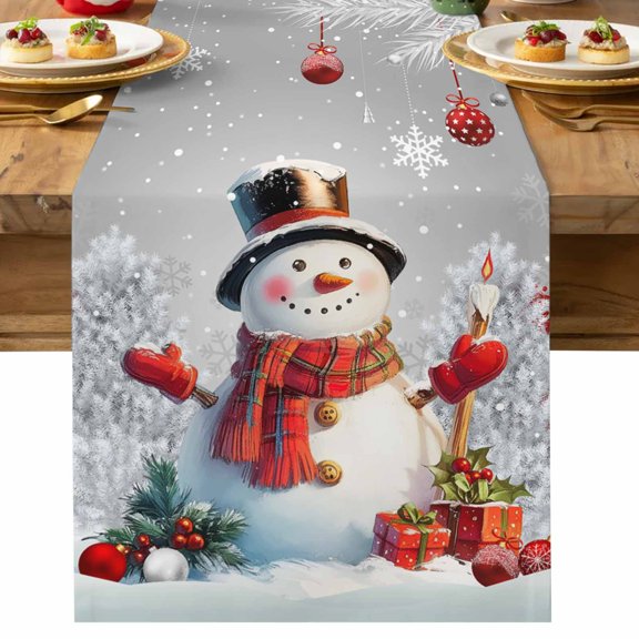 Christmas Ball Dining Table Runner, Snowman Gifts Xmas Tree Snowflake Grey Washable Table Runners Kitchen Coffee Table Center Decor for Home Party Holiday Wedding 13 x 36 Inches