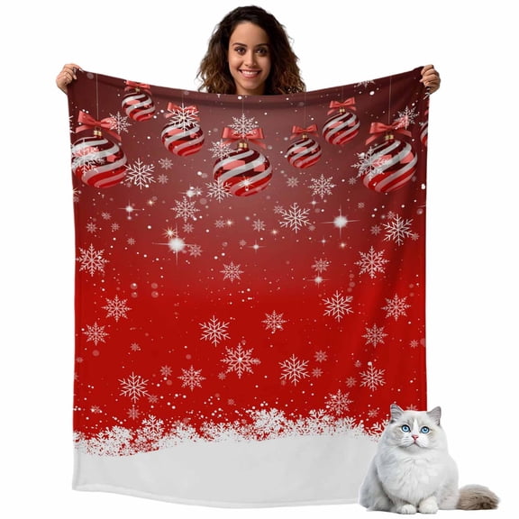 Christmas Ball Fleece Throw Blanket Lightweight Winter Snowflake Striped Red Background Fuzzy Flannel Throws Super Soft Cozy Flannel Blanket for Couch, Sofa, Bed, Travel 40"x50"