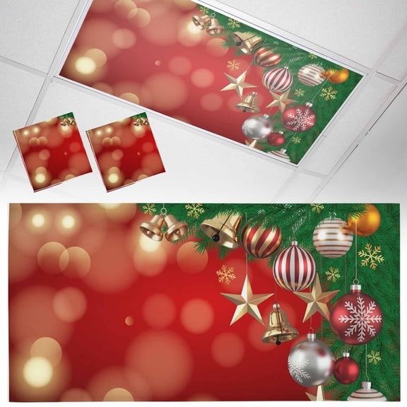 Christmas Ball Fluorescent Light Covers Red Green Shiny Balls Stars Bell Pine Leaf Magnetic Light Filters Ceiling Lighting Panel Shade for Classroom Office Home 2 x 4 ft, 2 Pack