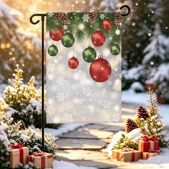 Christmas Ball Garden Flag 12x18 inch Green Red Xmas Balls Pine Leaf Plants Snowflakes Double Sided Small Decorative Garden Flags for Outside, Outdoor Yard Porch Lawn Decoration