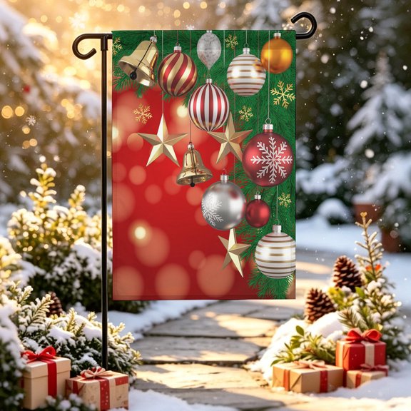 Christmas Ball Garden Flag 12x18 inch Red Green Shiny Balls Stars Bell Pine Leaf Double Sided Small Decorative Garden Flags for Outside, Outdoor Yard Porch Lawn Decoration