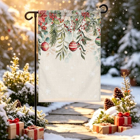 Christmas Ball Garden Flag 12x18 inch Vintage Eucalyptus Leaves Winter Snowflakes Flower Double Sided Small Decorative Garden Flags for Outside, Outdoor Yard Porch Lawn Decoration