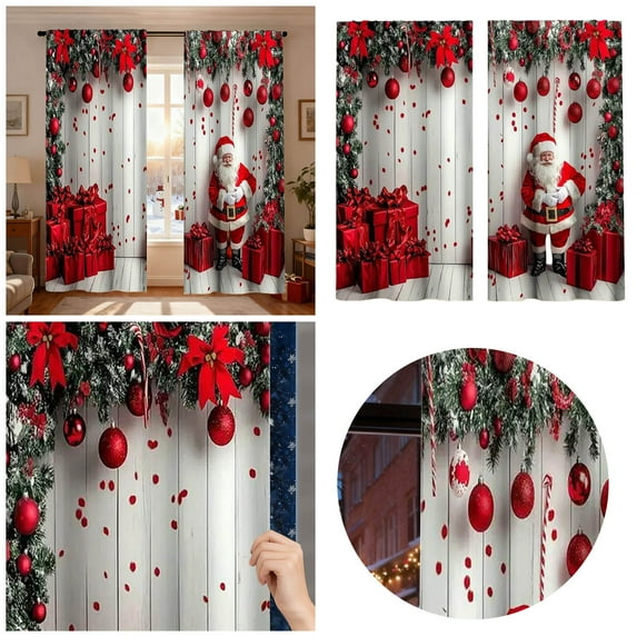 Christmas Ball Holiday Printed Curtains, 2 Pieces 2D Flat Printed Red Luxury Xmas Print Curtains with Snowflakes and Pine Branches for Bedroom Living Room Holiday Party Decor(39*86inch)