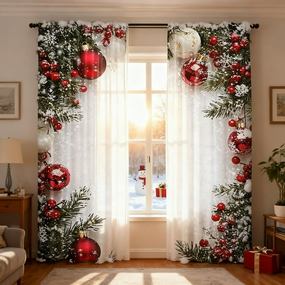Christmas Ball Holiday Printed Curtains, 2 Pieces 2D Flat Printed Red Luxury Xmas Print Curtains with Snowflakes and Pine Branches for Bedroom Living Room Holiday Party Decor(27.5*40inch)