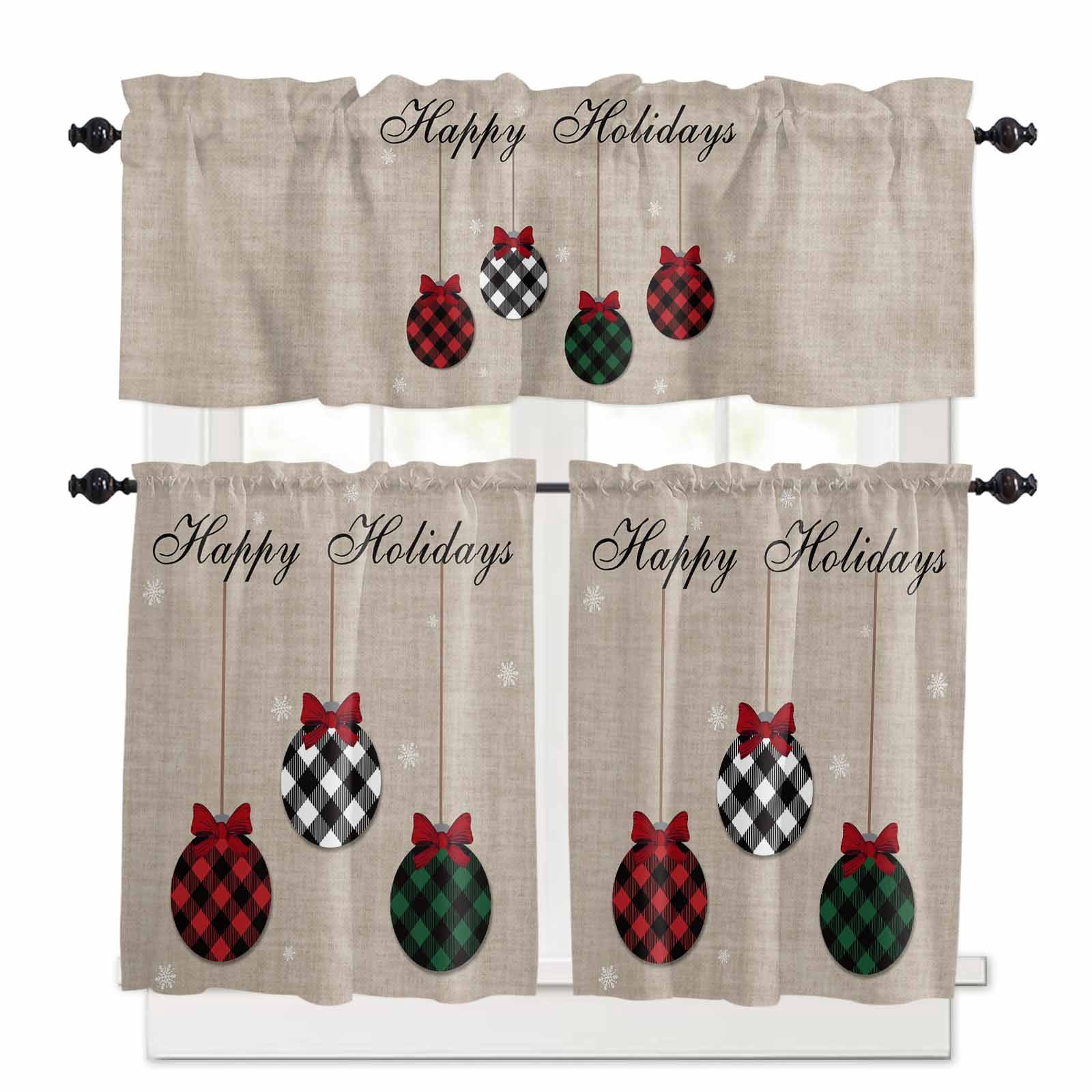 Christmas Ball Kitchen Curtains and Valances Set, Red Green Black Plaid