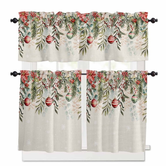 Christmas Ball Kitchen Curtains and Valances Set, Vintage Eucalyptus Leaf Winter Snowflake Flower Rod Pocket Window Valance Window Curtain Panels for Living Room Bedroom Laundry, 27.5x24in, 3 Pieces