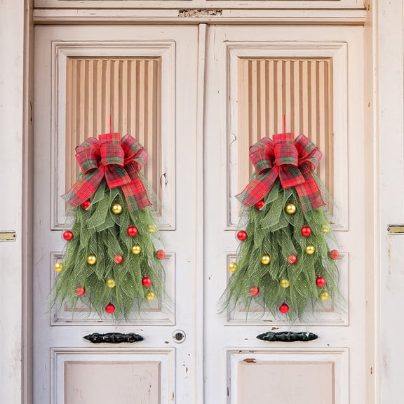 Christmas Ball Mesh Wreath Holiday Door Hanging Garland Decoration for Staircase Window Display Green 25 Inches