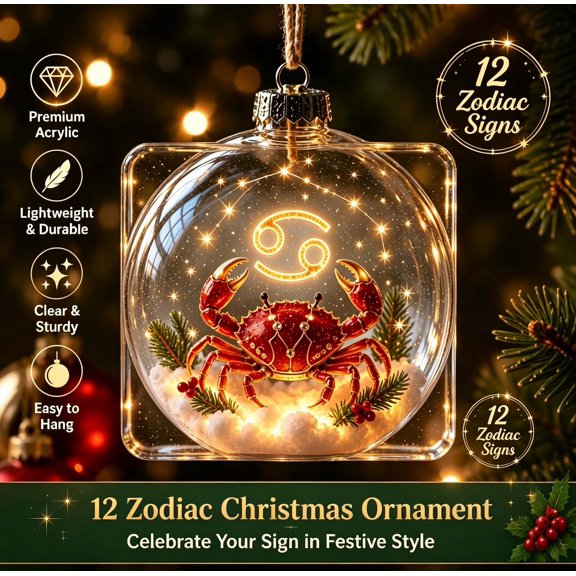 Christmas Ball Ornament, 12 Sign Holiday Bauble, Clear 3 Inch Astrology Scene Decoration for Tree Wreath Window Mantel and Celestial Gift Display, One Selected Symbol