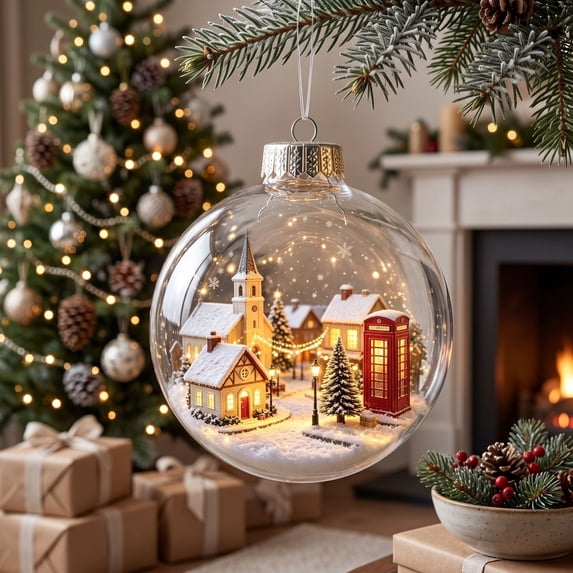 Christmas Ball Ornament, Acrylic Flat Scene Inside Clear Ball Hanging Decoration, Festive Holiday Tree Decor Gift (4.72x3.54x3.54in)