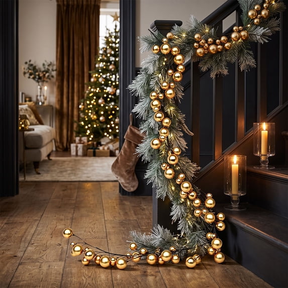 Christmas Ball Ornament Garland 6ft, Gold Mixed Sized Bauble Bulb Christmas Tree Ball Decoration Shatterproof Ornaments for Xmas Indoor Outdoor Home Mantel Decoration