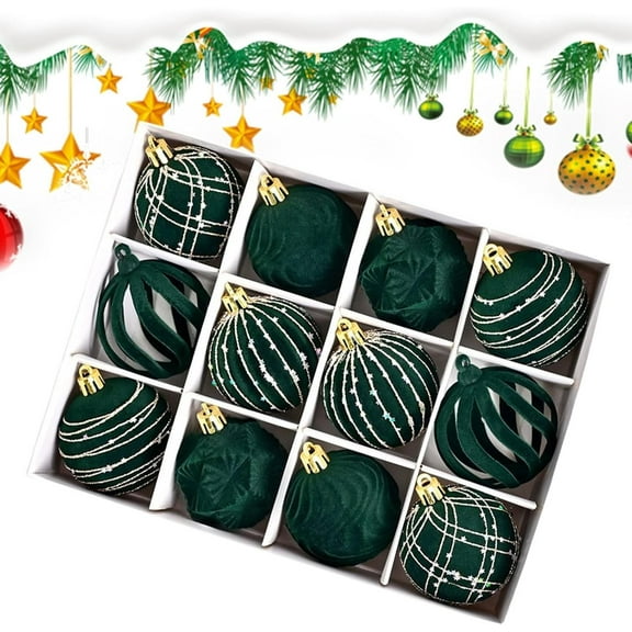 Christmas Ball Ornaments 12 Pcs - 2 inch Large Shatterproof Christmas Balls, Velvet Decorations Indoor, Multi-Styles Holiday Party Hanging Ornaments for Xmas Tree, Wreath, Vines, Green