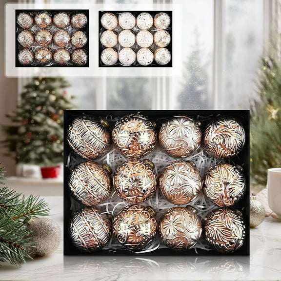 Christmas Ball Ornaments 12 Pcs - 3 inch Large Shatterproof Christmas Balls, Simulated Embossment Decorations Indoor, Novel Holiday Party Hanging Ornaments for Xmas Tree, Wreath, Vines, Gold