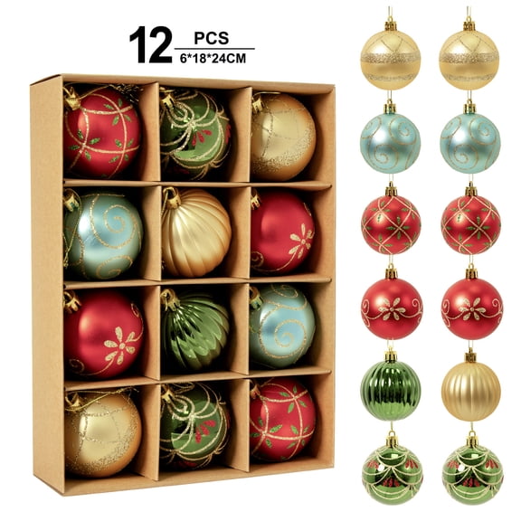 Christmas Ball Ornaments 12Pcs Set, Colorful Hand Painted Hanging Baubles with Glitter Swirls Ribbed Pattern, Holiday Tree Decorations Gift Box for Home Fireplace Tabletop Party, 1Pack