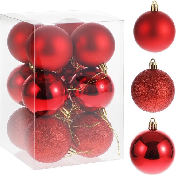 Christmas Ball Ornaments, 12pcs Pre-Strung Xmas Tree Decorations,Holiday Hanging Balls-3 Style Shatterproof Plastic Ball Ornaments