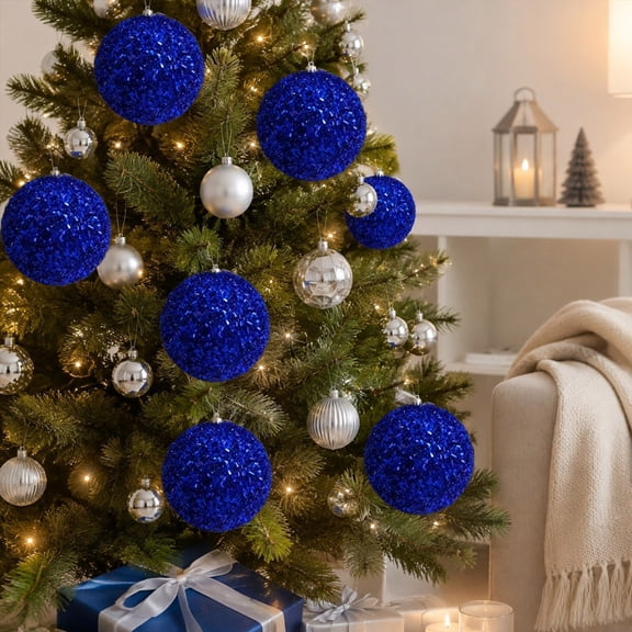 Christmas Ball Ornaments, 15cm Large Glitter Tinsel Shatterproof Plastic Hanging Balls for Christmas Tree, Holiday Party, Wreath & Home Seasonal Decor