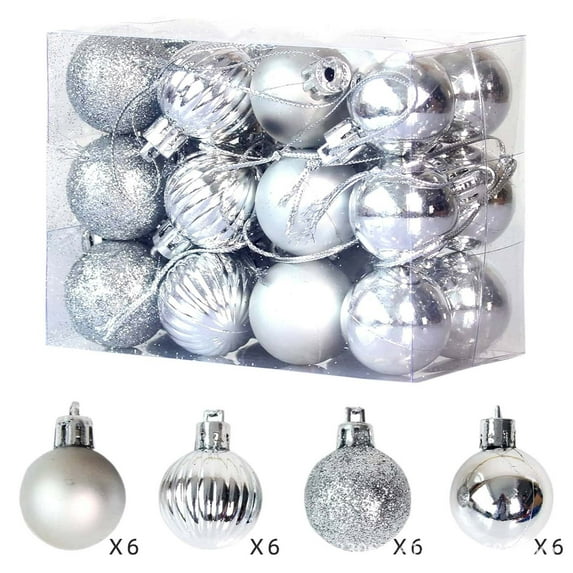 Christmas Ball Ornaments 24 Pcs - Small Shatterproof Christmas Balls, Premium Multiple Styles Decorations Indoor, Classic Holiday Party Hanging Ornaments for Xmas Tree, Wreath, Vines, Silver