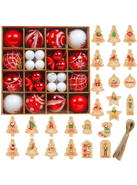Christmas Ball Ornaments, 42 Pcs Red and White Christmas Ornaments for Christmas Tree +25 Pcs Christmas Tags Decoration, Plastic Shatterproof Ball Decorations for Christmas Wreath/Trees/Gift Box