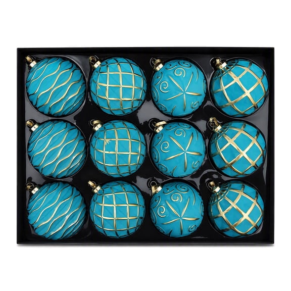 Christmas Ball Ornaments 6 PC Set Teal Turquoise Assorted Pattern Tree Hanging Decor Design A