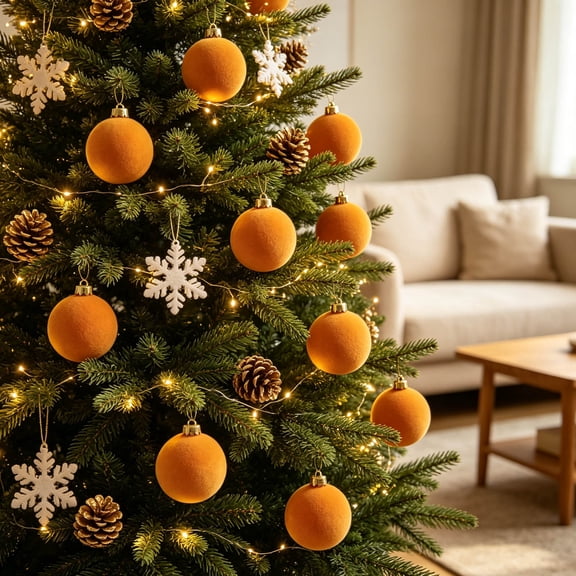 Christmas Ball Ornaments 6 Piece 6cm Flocked Velvet Amber Orange Hanging Tree Decorative Pendant