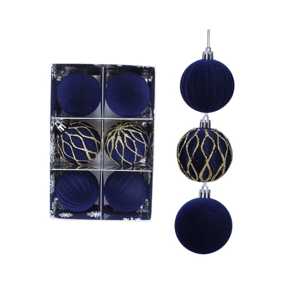 Christmas Ball Ornaments 6 Piece Navy Flocked Set for Christmas Tree and Holiday Decor