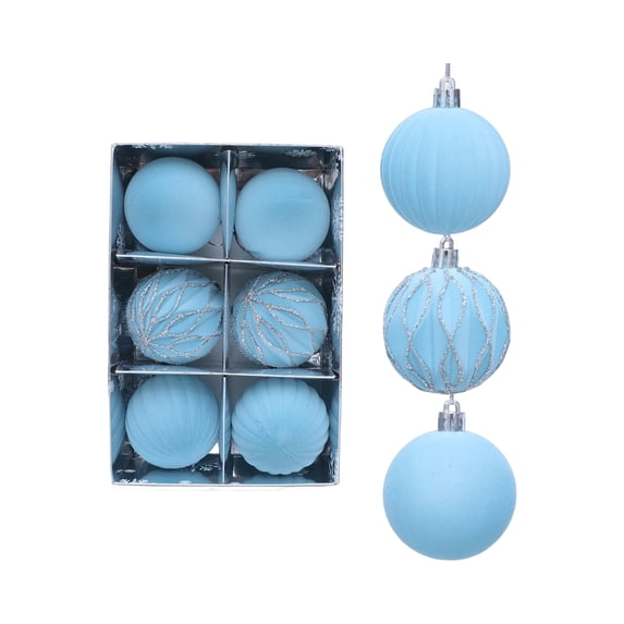 Christmas Ball Ornaments 6 Piece Set Light Blue Flocked for Christmas Tree Decor