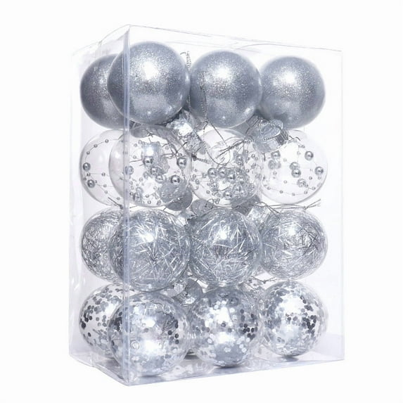 Christmas Ball Ornaments, 60mm/2.36" Christmas Balls Baubles Set with Stuffed Delicate Decorations,Shatterproof Plastic, Silver, 24 Pack