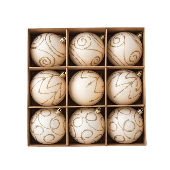 Christmas Ball Ornaments, 9 Pieces Creamy White with Gold Swirl Patterns, Kraft Paper Gift Box Set, Hanging Decorations for Christmas Tree Home Holiday Party Indoor Outdoor Xmas Decor