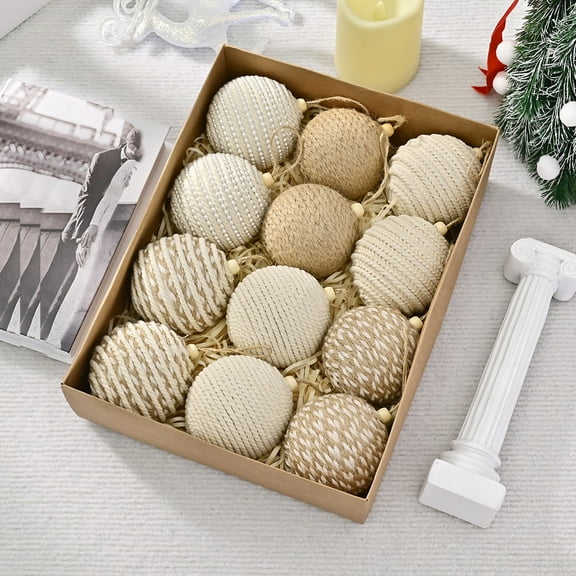 Christmas Ball Ornaments Boho Farmhouse Jute Rope Balls Burlap Neutral Rustic Ornaments for Xmas Tree Wreath Garland Holiday Wedding(12 Pcs, Beige, 3.15in)
