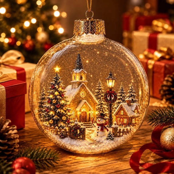 Christmas Ball Ornaments, Light-Up Village Snowman Scene Bauble, Warm LED Hanging Decor for Tree and Mantel Displays