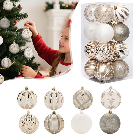 Christmas Ball Ornaments, Painted Xmas Tree Decorations, Holiday Hanging Baubles 16 Pcs (White gold silver/grey)
