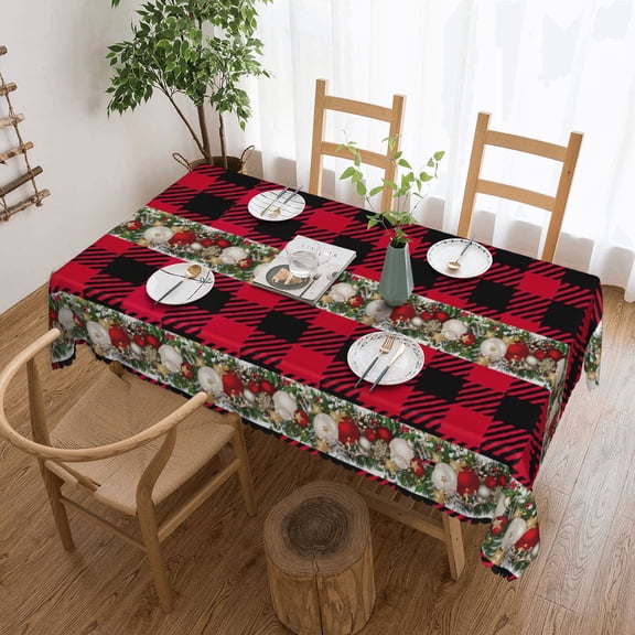 Christmas Ball Ornaments Red Bufalo Plaid Tablecloth 50x70 Inch, Washable Waterproof Rectangular Table Cover for Party Picnic Dinner Decor