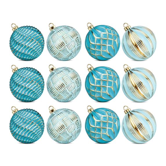 Christmas Ball Ornaments Set of 12, Blue Shatterproof Xmas Baubles with Gold Patterns, Turquoise Tree Decorations in a Gift Box for Holiday Decorating - Style B