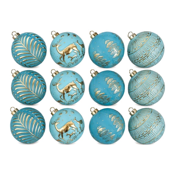 Christmas Ball Ornaments Set of 12, Blue Shatterproof Xmas Baubles with Gold Patterns, Turquoise Tree Decorations in a Gift Box for Holiday Decorating - Style C