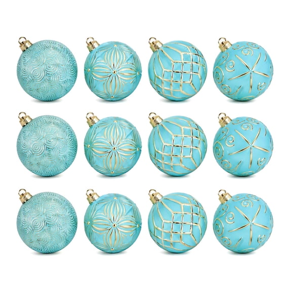 Christmas Ball Ornaments Set of 12, Blue Shatterproof Xmas Baubles with Gold Patterns, Turquoise Tree Decorations in a Gift Box for Holiday Decorating - Style D