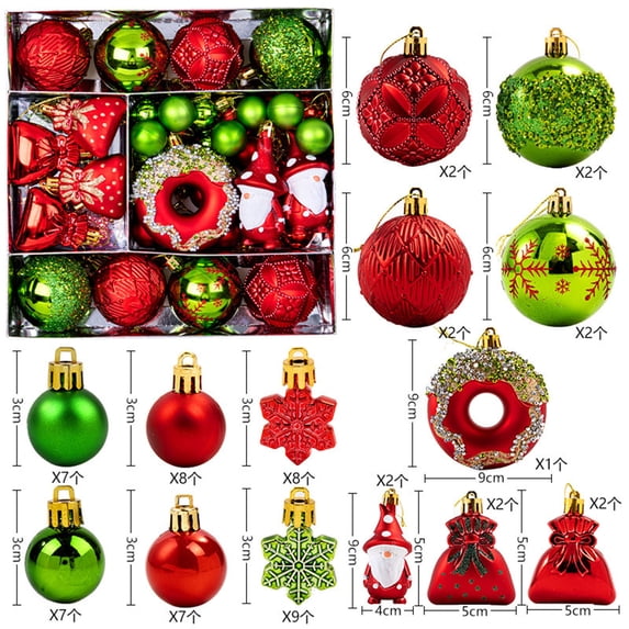 Christmas Ball Ornaments Set, 60 Piece Plastic Hanging Baubles, for Christmas Tree Wreath and Party Decor, Lime Green and Red, Type F
