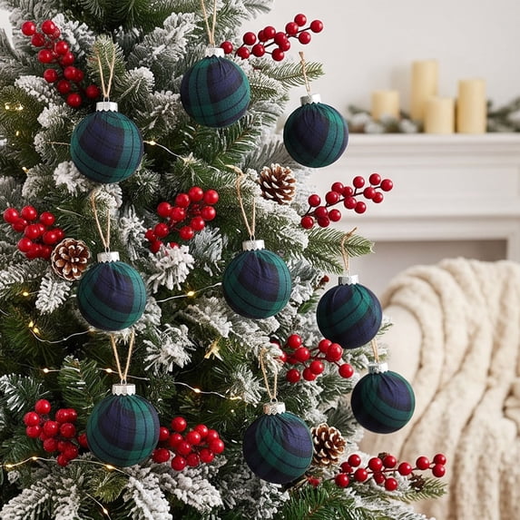 Christmas Ball Ornaments Set of 9, Plaid Fabric Wrapped Shatterproof Tree Decorations with Hanging Strings, Vintage Tartan Holiday Baubles for Home, Party, and Gift