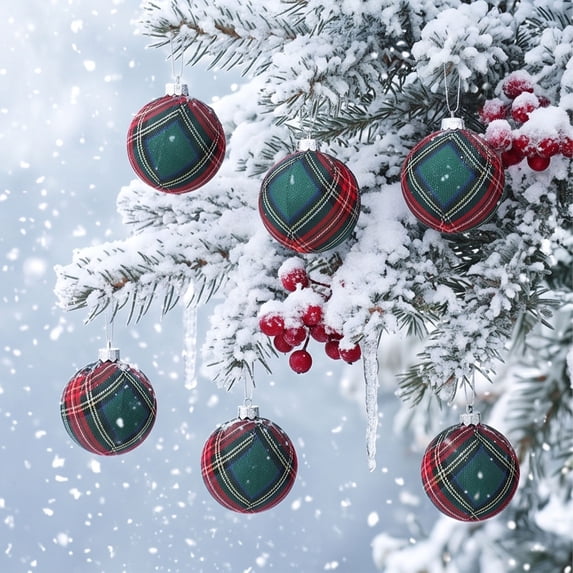Christmas Ball Ornaments Set of 9, Plaid Fabric Wrapped Shatterproof Tree Decorations with Hanging Strings, Vintage Tartan Holiday Baubles for Home, Party, and Gift