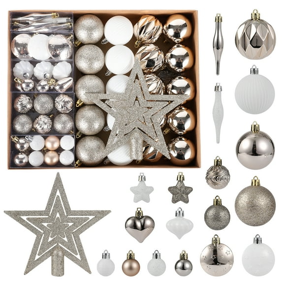 72Pcs Christmas Balls Ornaments, Muti-Size 2.4" 1.6" 1.4" Xmas Hanging Balls Christmas Tree Decorations for New Year Party Home Holiday Decoration, Multi-Styles, Champagne & White