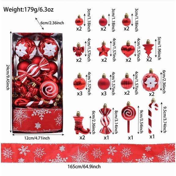 Christmas Ball Ornaments Set Red Snowflake Ribbon Shatterproof Plastic Hanging Tree Baubles