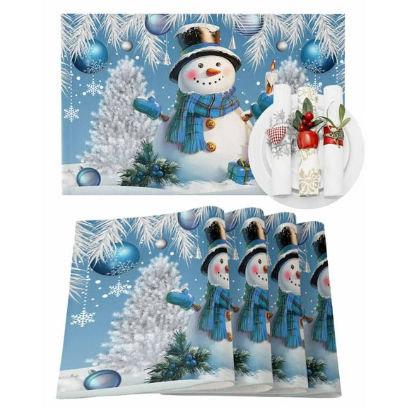 Christmas Ball Placemats Set of 2 Snowman Gifts Xmas Tree Snowflake Blue Heat Insulation Washable Place Mats, Rustic Non-Slip Table Mats for Dining Table Party Kitchen Decor,13x19 Inch