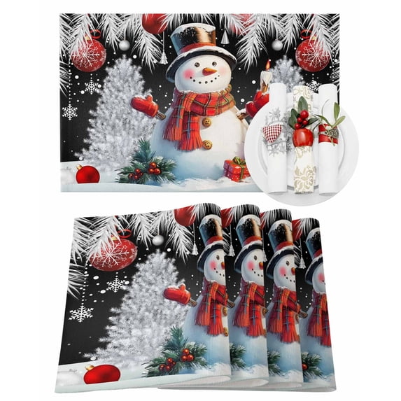 Christmas Ball Placemats Set of 4 Snowman Gifts Xmas Tree Snowflake Black Heat Insulation Washable Place Mats, Rustic Non-Slip Table Mats for Dining Table Party Kitchen Decor,13x19 Inch