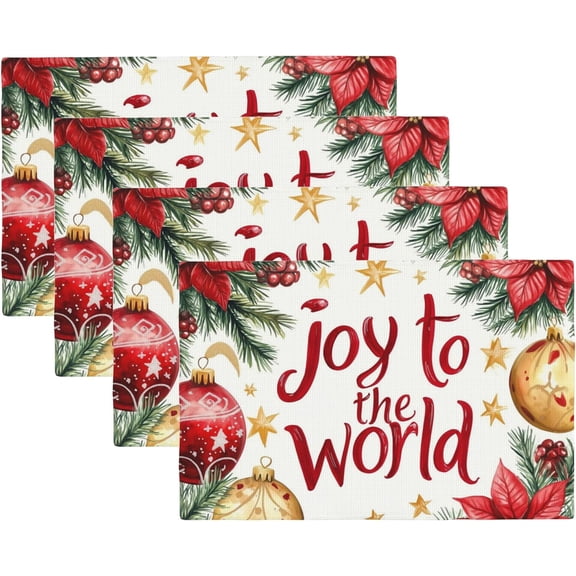Christmas Ball Placemats Set of 4,Joy to The World 12x18 Inch Non-Slip Washable Heat Resistant Linen Fabric Table Mats,Place Mats for Holiday Party