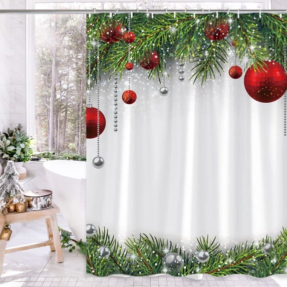 Christmas Ball Print Shower Curtain, Colorful Holiday Bathroom Decor with Green Candy Cane and Hanging Branches, Waterproof Curtain for Festive Home or Guest Bathroom