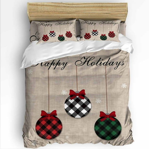 Christmas Ball Queen Size Comforter Set, Red Green Black Plaid Ball Happy Holiday Soft Bedding for All Seasons, 4 Pcs Bed Set with 1Comforter (90"x92") ,1 Sheet(94"x116"), 2 Pillowcases (19"x29")